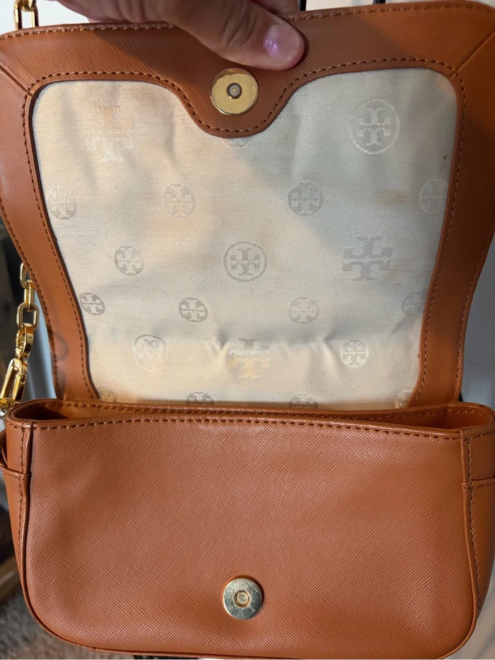 Tory Burch Brown Leather Shoulder Bag purse Gold Logo & chain Robinson crossbody